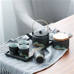 远山日式提梁壶 功夫茶具 办公简约家用 手绘禅意 陶瓷茶壶 干泡组 暖茶组  礼盒套装