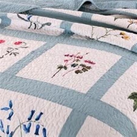 红素绗缝被三件套 纯棉植物花卉水洗夹棉床盖手工拼布被 100件起订不单独零售
